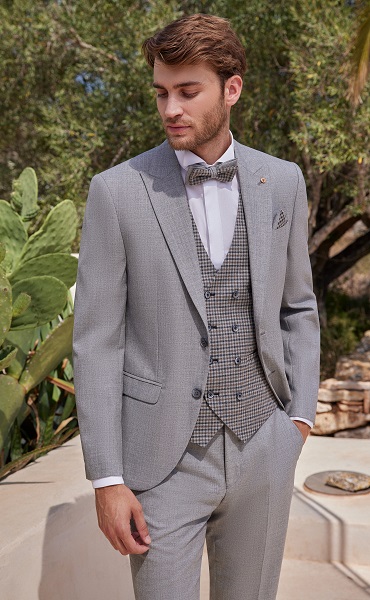 gray linen and plaid groom suit